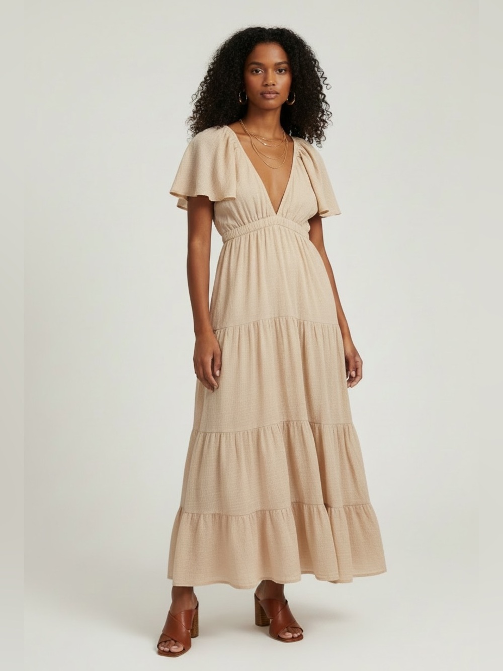 Women's V-Neck Flutter Sleeve Maxi Dress - Cream